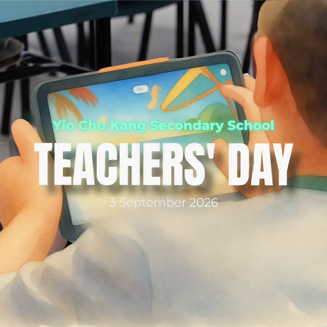 A square graphic rendered in a soft, painterly watercolor style depicting an over-the-shoulder view of a student holding a tablet device displaying colorful beach artwork on screen. Overlaid across the center is text arranged in three lines: "Yio Chu Kang Secondary School" in a glowing cyan font, "TEACHERS' DAY" in large, bold white capital letters, and "3 September 2026" in a light white font below.